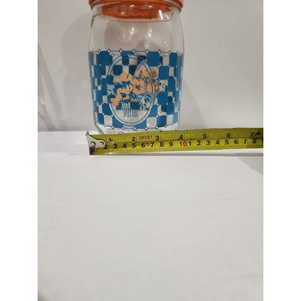 Vintage Carlton Glass Jar With Blue Checkered Pattern And Floral Design
